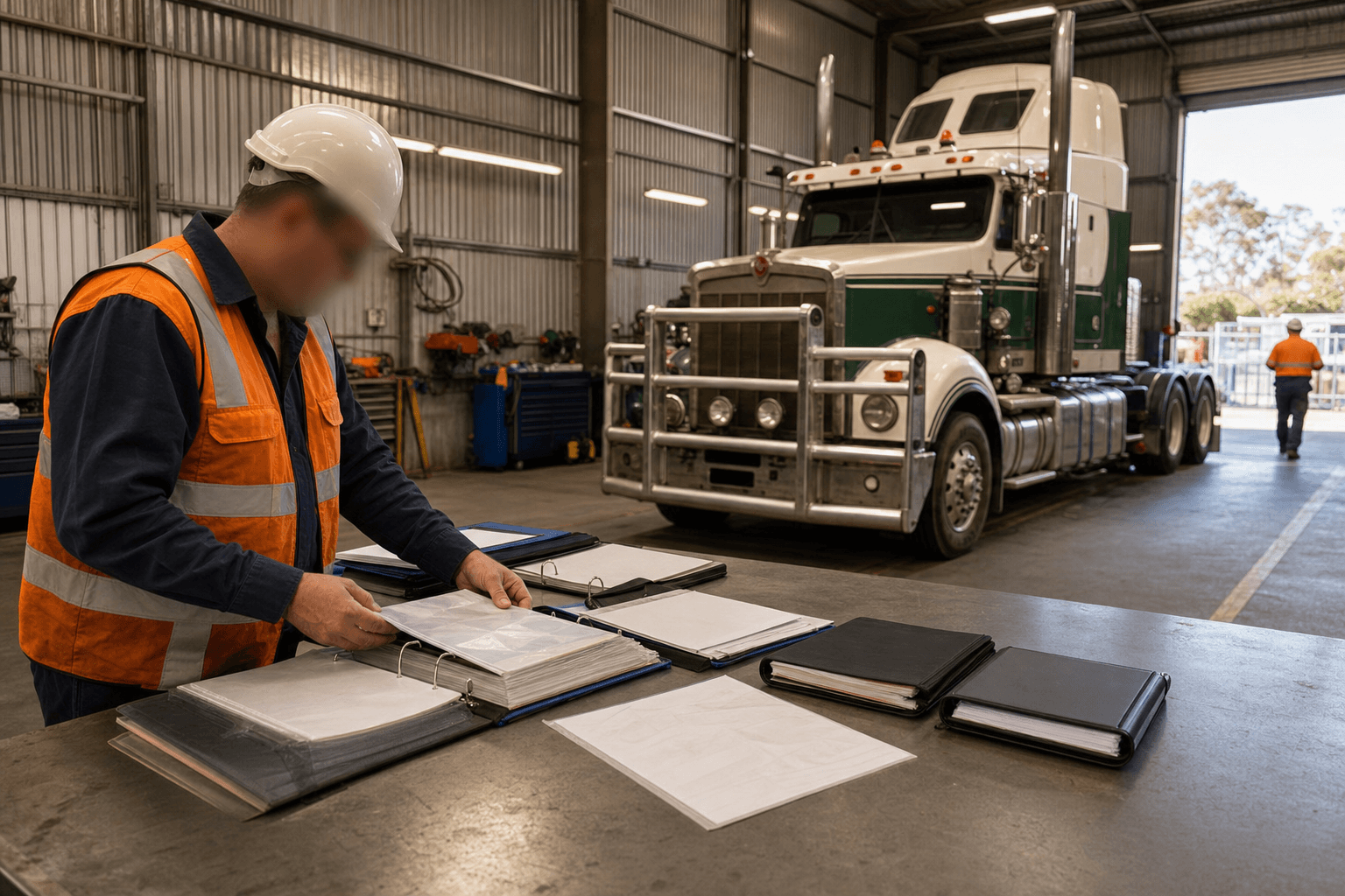 A transport compliance officer in hi-vis gear organises audit evidence folders and logbooks on a workbench inside an Australian heavy vehicle depot workshop, with a prime mover visible in the service bay behind.
