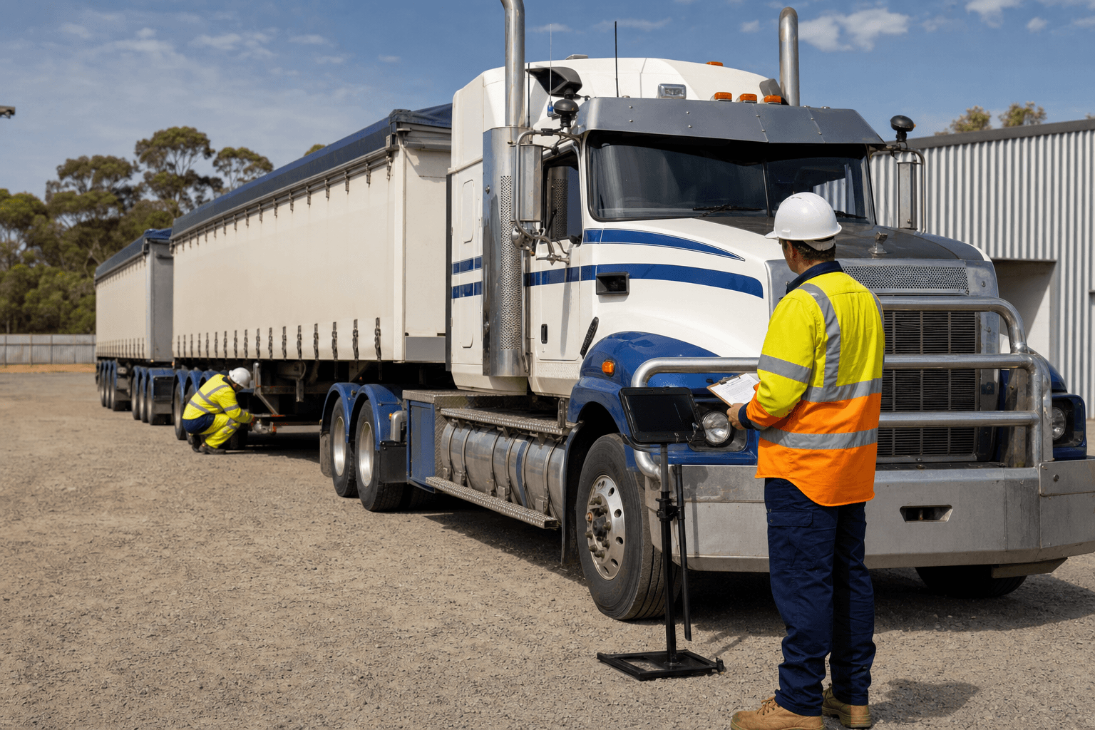 A compliance supervisor at an Australian heavy vehicle depot reviews a tablet workflow beside a prime mover while a second worker in hi-vis PPE conducts a truck inspection in the background.