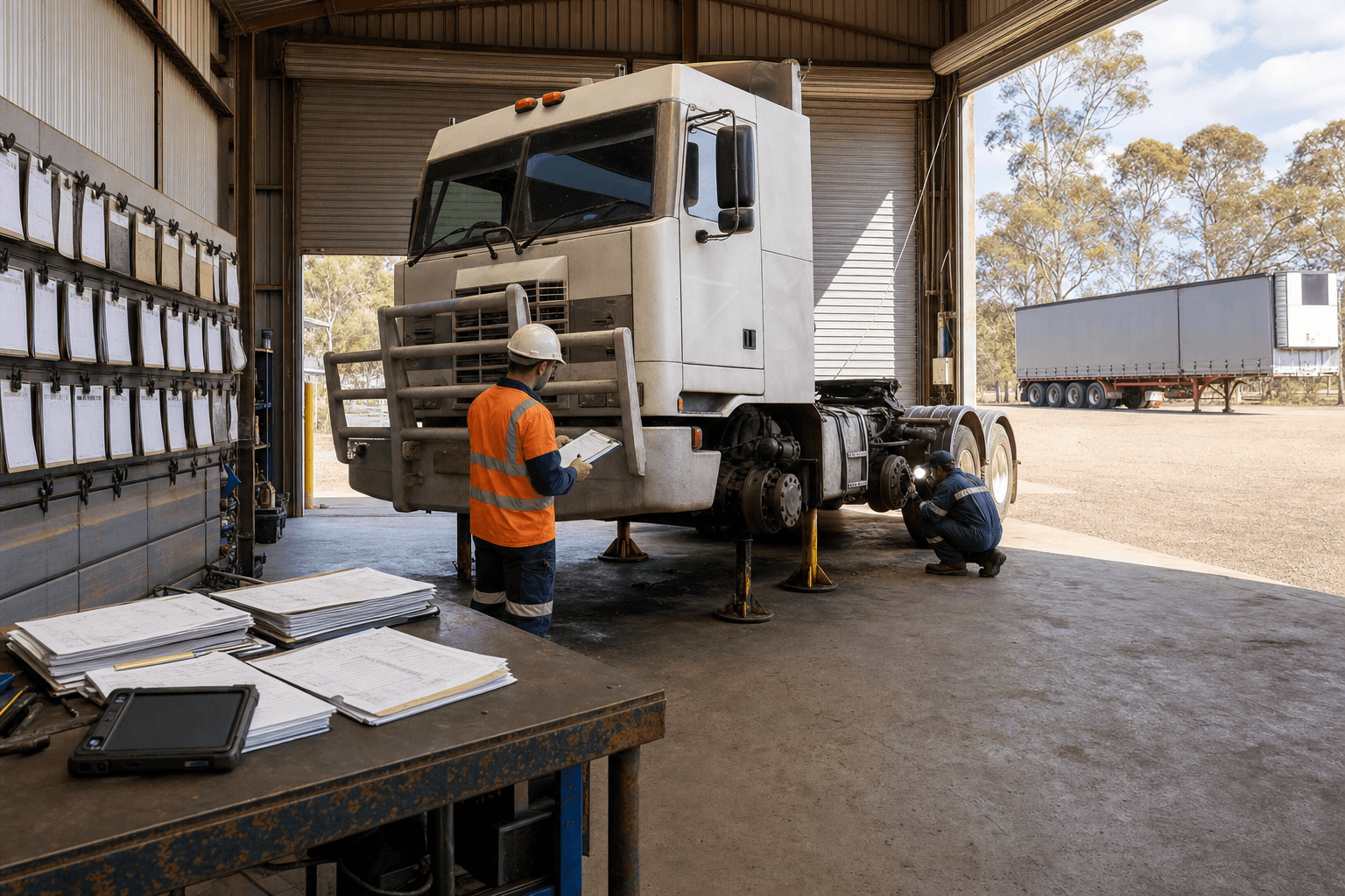 A compliance officer and mechanic reviewing vehicle maintenance records inside an Australian heavy vehicle depot maintenance bay, with a prime mover on stands and service documentation spread across a workbench.